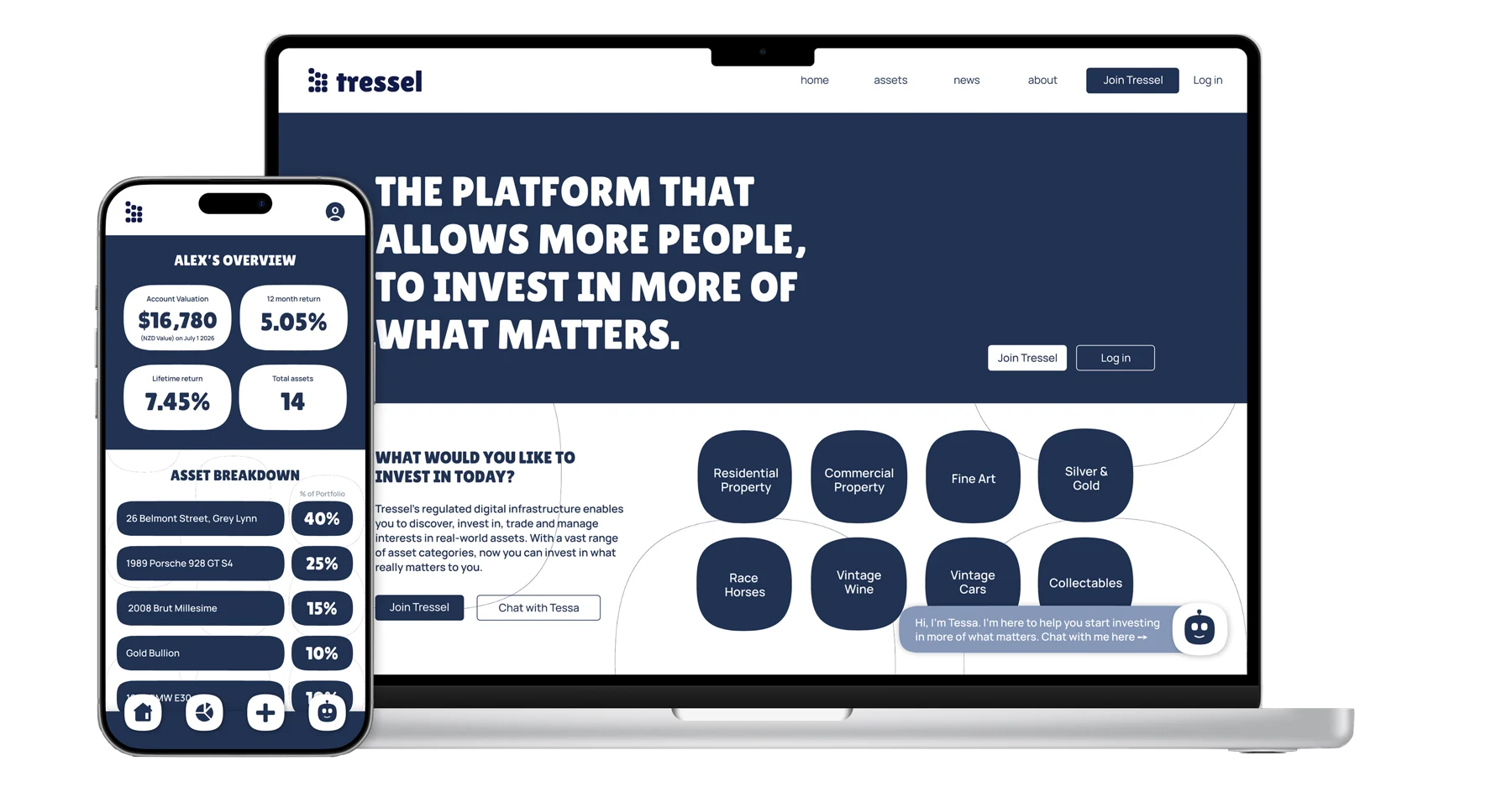 The Tressel platform on laptop and mobile, showing an investor overview and asset breakdown